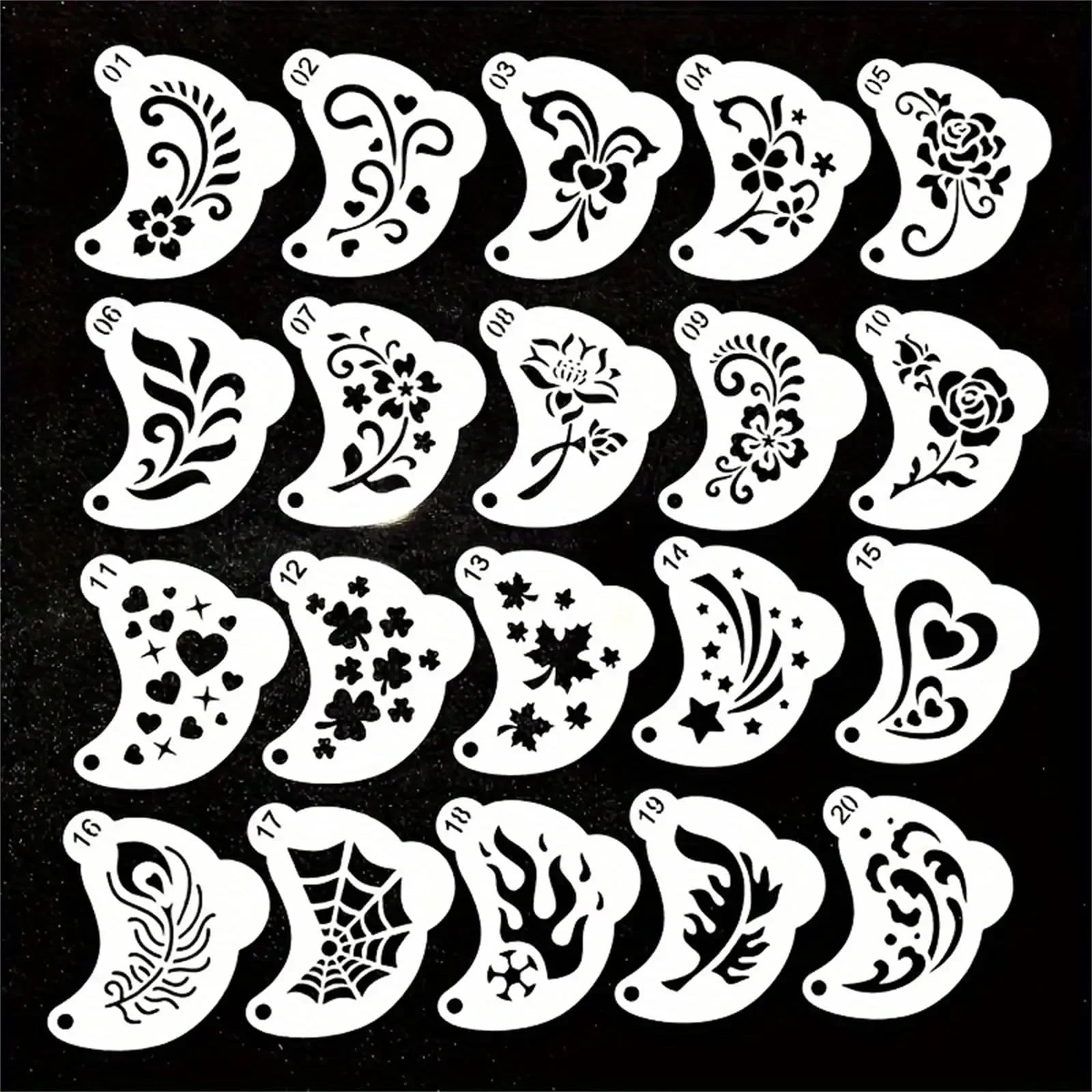 20Pcs Reusable Face Painting Stencils - Durable Pet Plastic, Washable & Reusable with Assorted Floral, Spiderweb, Heart Designs
