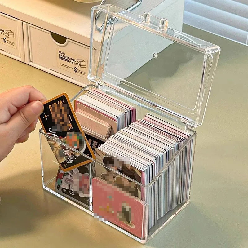 Clear Acrylic Card Organizer - Holds 400 Cards, Dual Compartment Display Box for Postcards & Game Cards