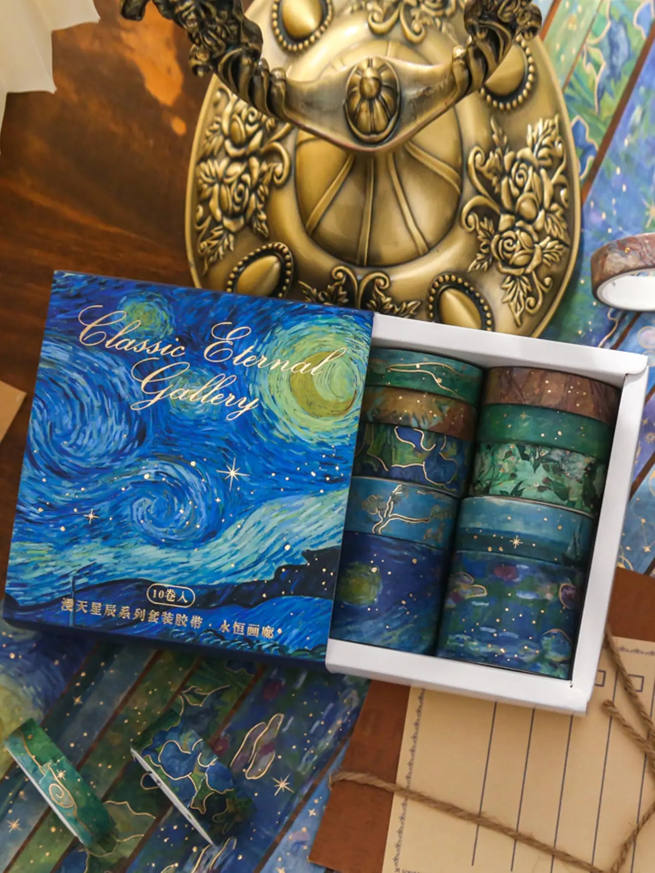 10pcs, Washi Tape - Vintage Watercolor Washi Tape Set with Gold Color Foil - Aesthetic Decorative Tape, Scrapbook, DIY Crafts