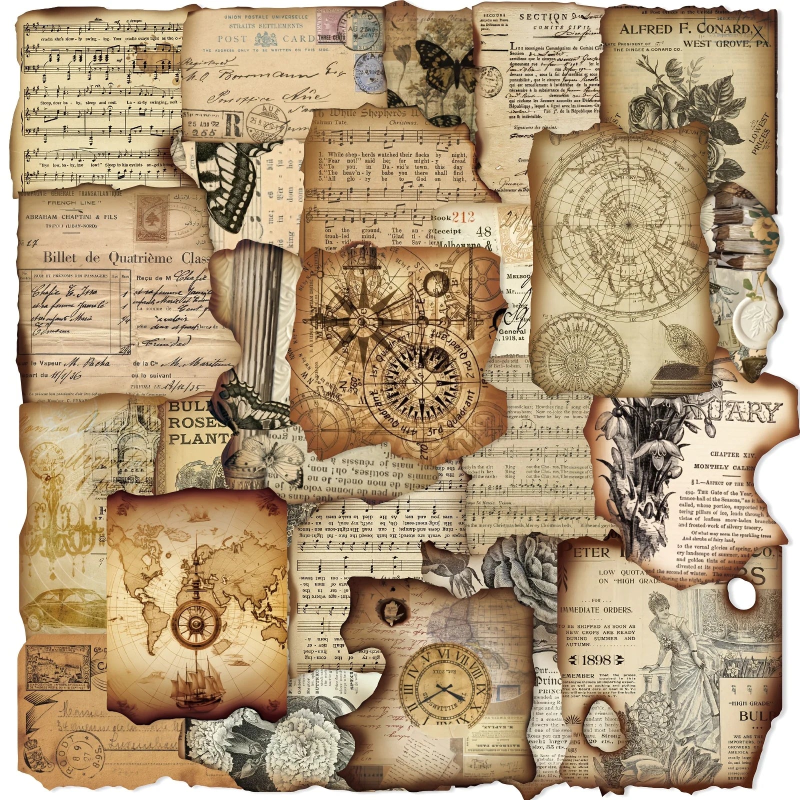 50 Pcs Vintage Burnt Stickers, Historical Creative Decorative Stickers for Scrapbook Junk Journal Collage DIY Crafts